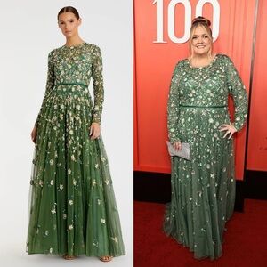 NWT Mac Duggal 5533 Green Embellished High Neck Long Sleeve A Line Gown Size 12